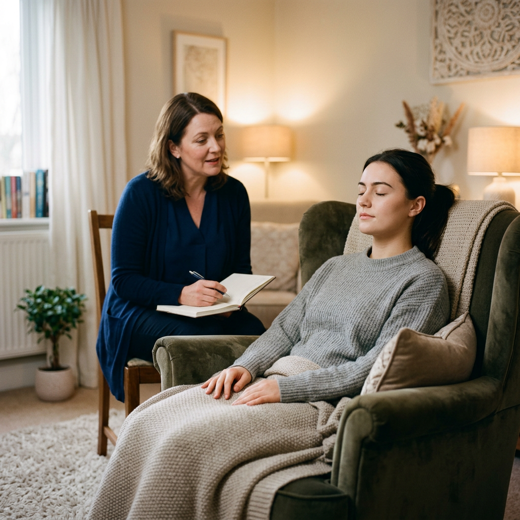 Woman with eyes closed sitting relaxed in armchair covered with blanket during therapy session