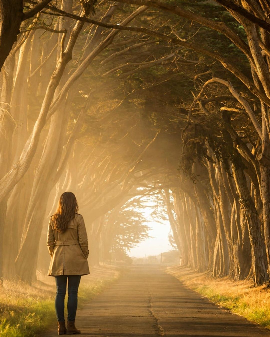 Women standing at the edge of a woodland misty path